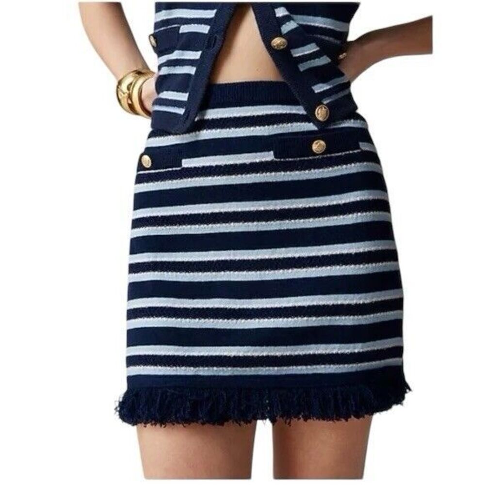 J. Crew Cashmere Fringe Trim Sweater Mini Skirt Stripe Preppy Nautical Medium